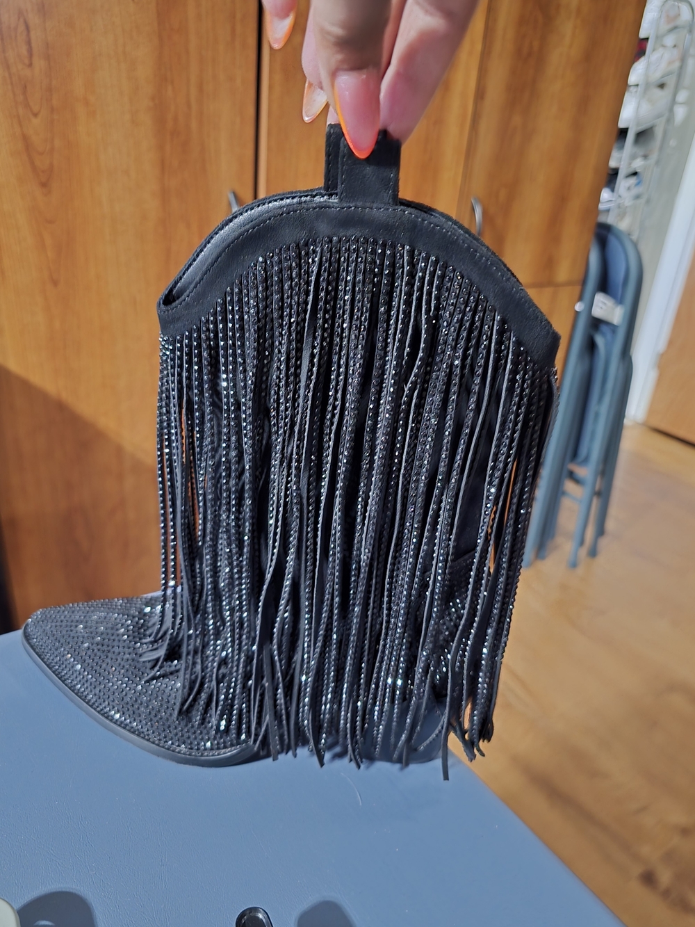 Black Fringe Western Bootie with Rhinestone Toe